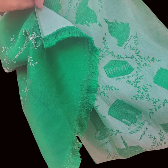 Distressed Antique Green Scarf Paris Souvenir With Landmarks & Moth Holes 47" - Picture 7 of 11